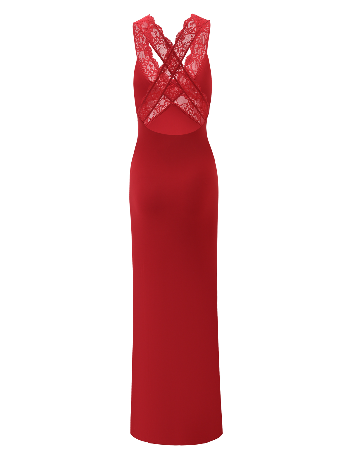 The SERAPHINE MAXI DRESS - RED by TIGERMIST is a sleeveless, floor-length bodycon dress with red lace and crisscrossed sheer lace straps at the back.