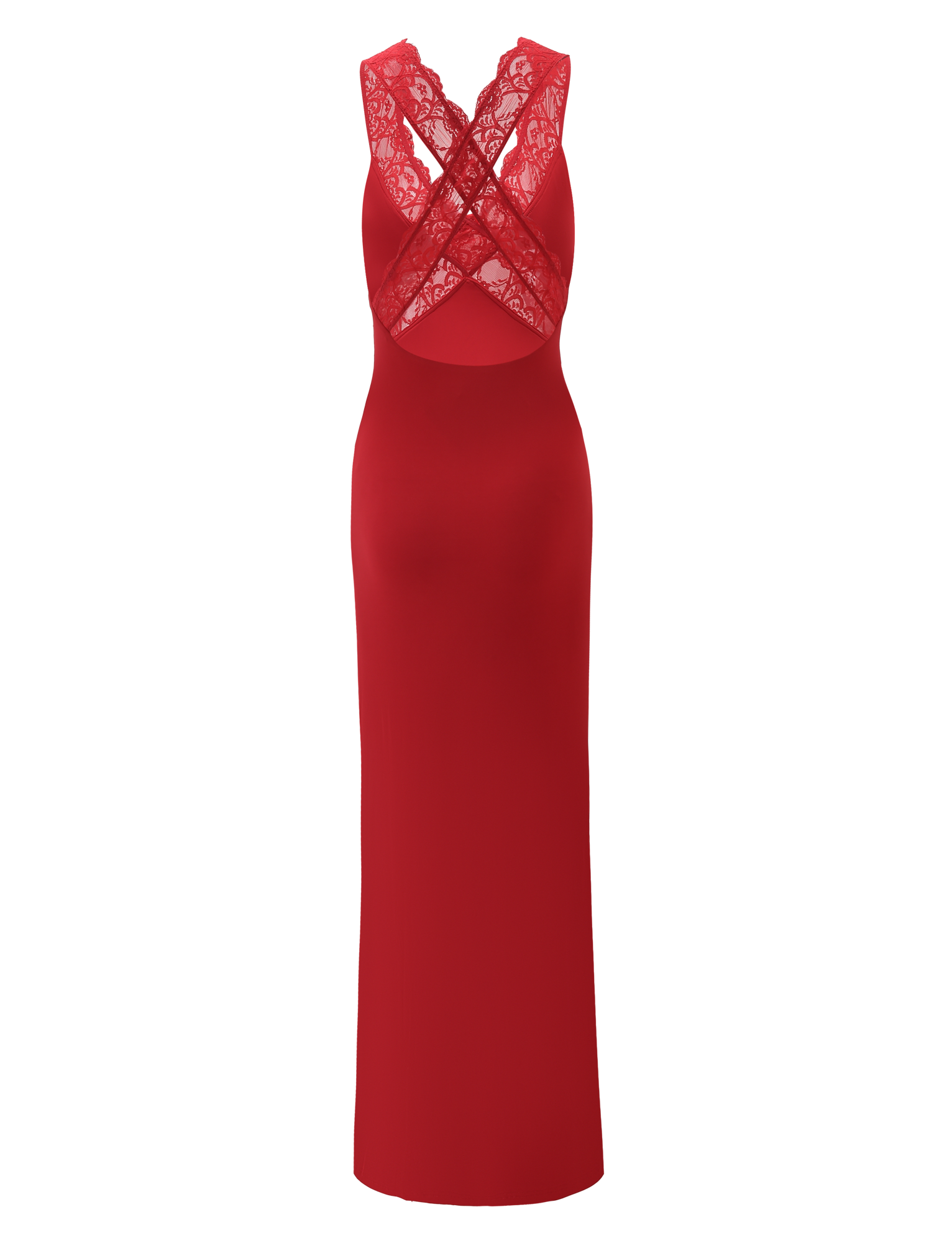 The SERAPHINE MAXI DRESS - RED by TIGERMIST is a sleeveless, floor-length bodycon dress with red lace and crisscrossed sheer lace straps at the back.