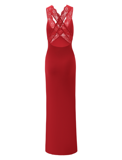 The SERAPHINE MAXI DRESS - RED by TIGERMIST is a sleeveless, floor-length bodycon dress with red lace and crisscrossed sheer lace straps at the back.
