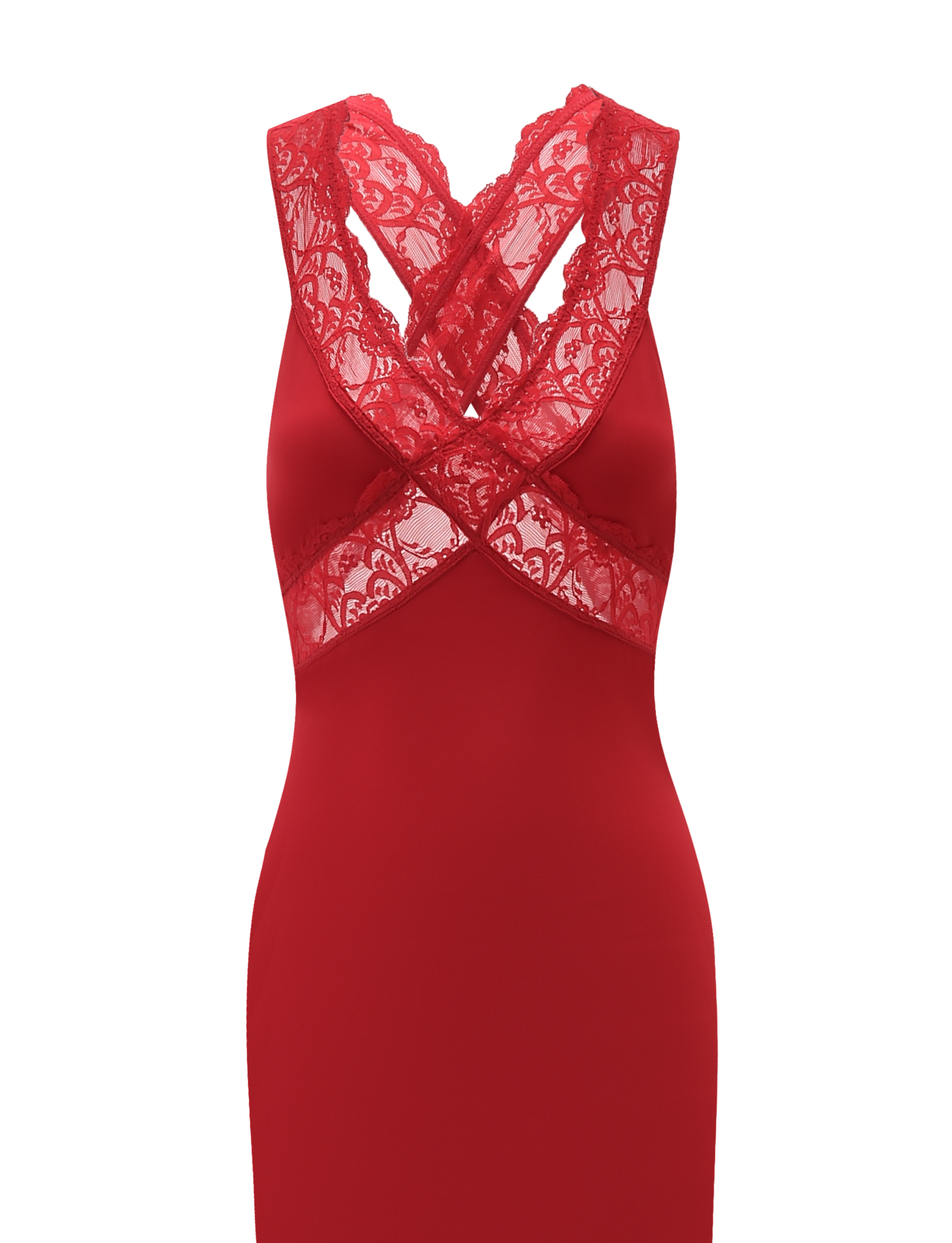 The SERAPHINE MAXI DRESS by TIGERMIST is a sleeveless red lace bodycon maxi with crisscross detailing on the chest and shoulders, featuring sheer lace panels.