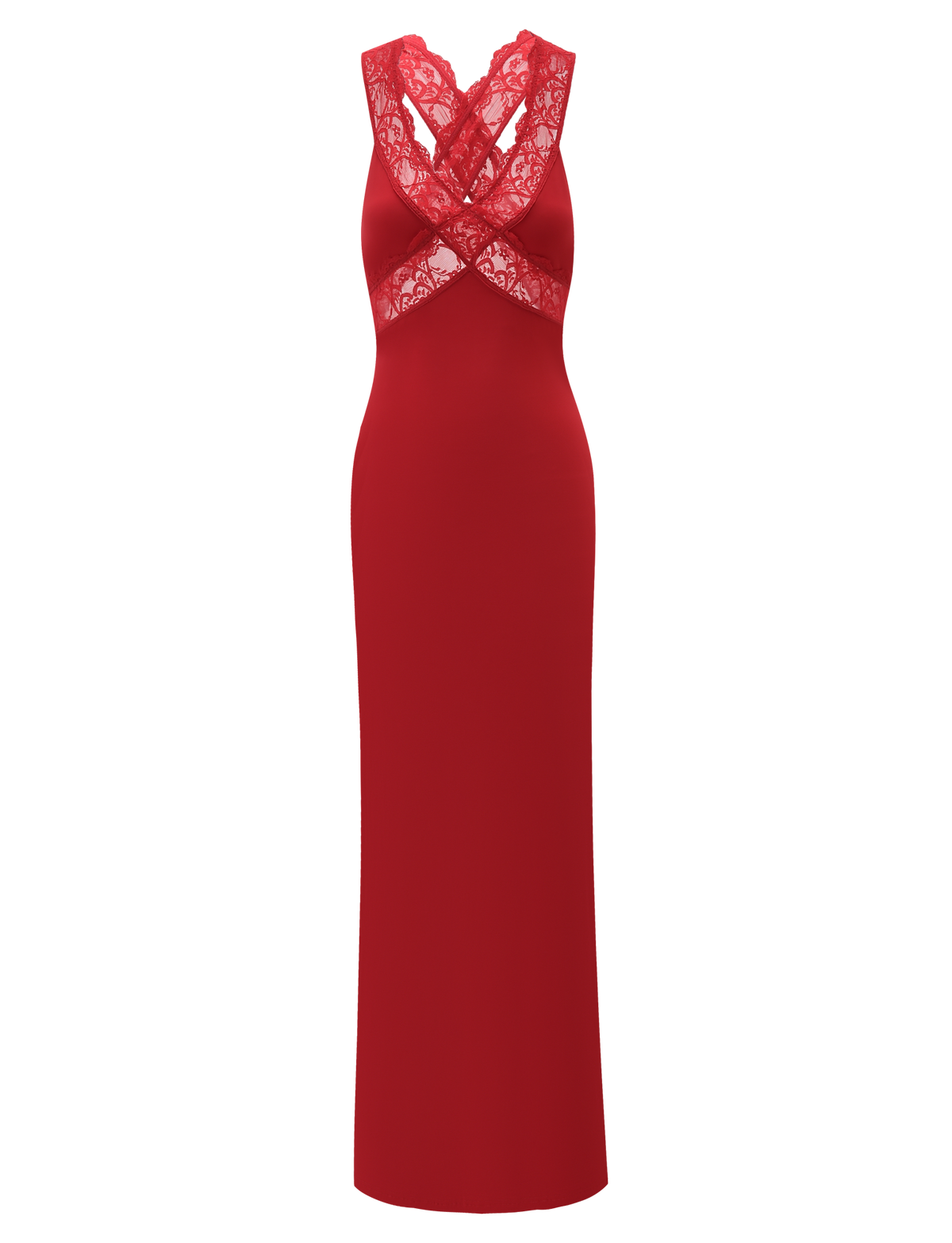 The SERAPHINE MAXI DRESS by TIGERMIST is a sleeveless red lace maxi with a fitted bodycon silhouette, floor-length design, and delicate lace detailing over the bust and shoulders.