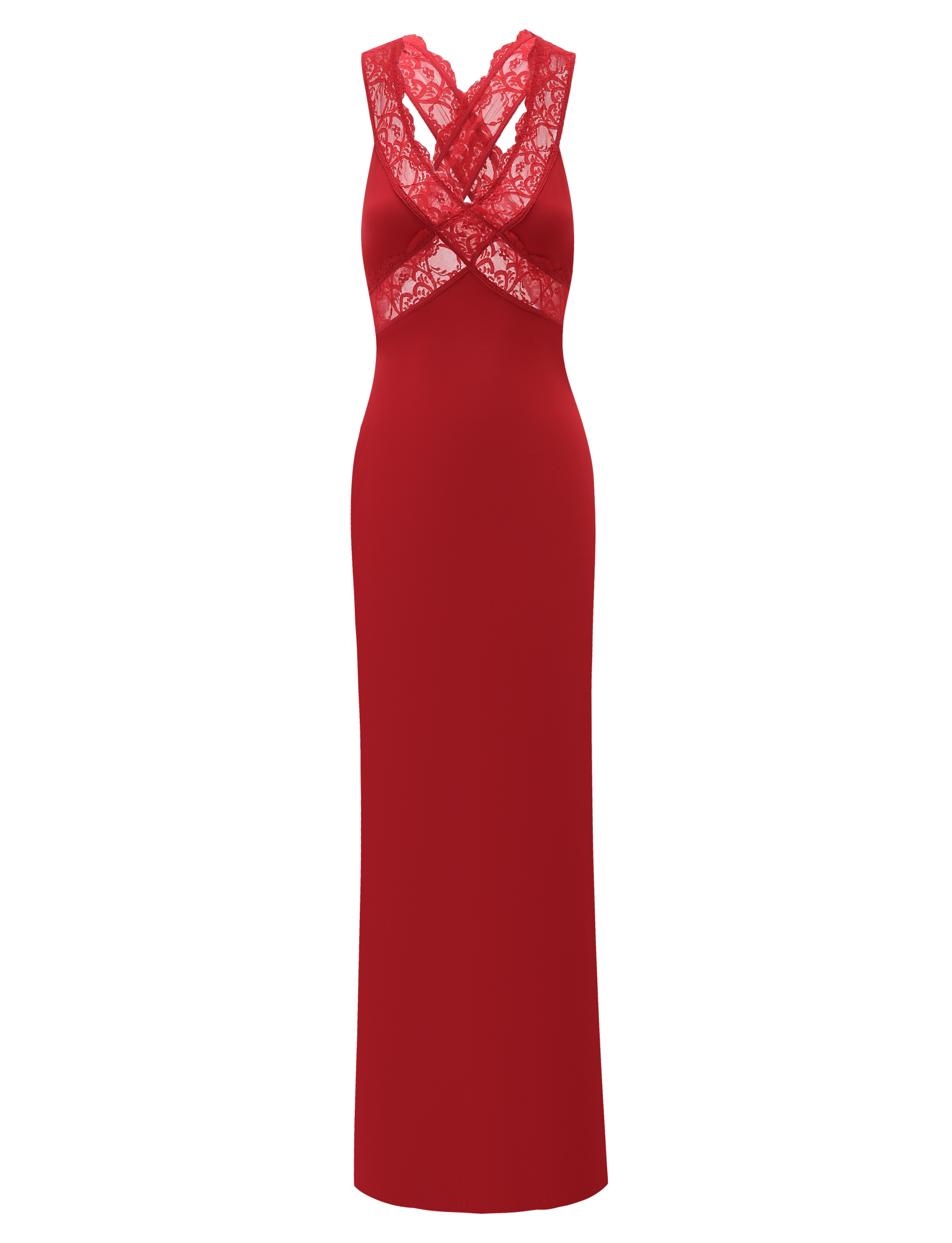 The SERAPHINE MAXI DRESS by TIGERMIST is a sleeveless red lace maxi with a fitted bodycon silhouette, floor-length design, and delicate lace detailing over the bust and shoulders.