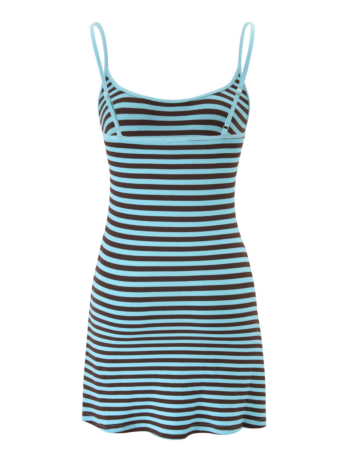 The TIGERMIST CELESTE MINI DRESS - BLUE STRIPE is a sleeveless, form-fitting ribbed mini dress with adjustable shoulder straps, a belt, and horizontal black and light blue stripes.