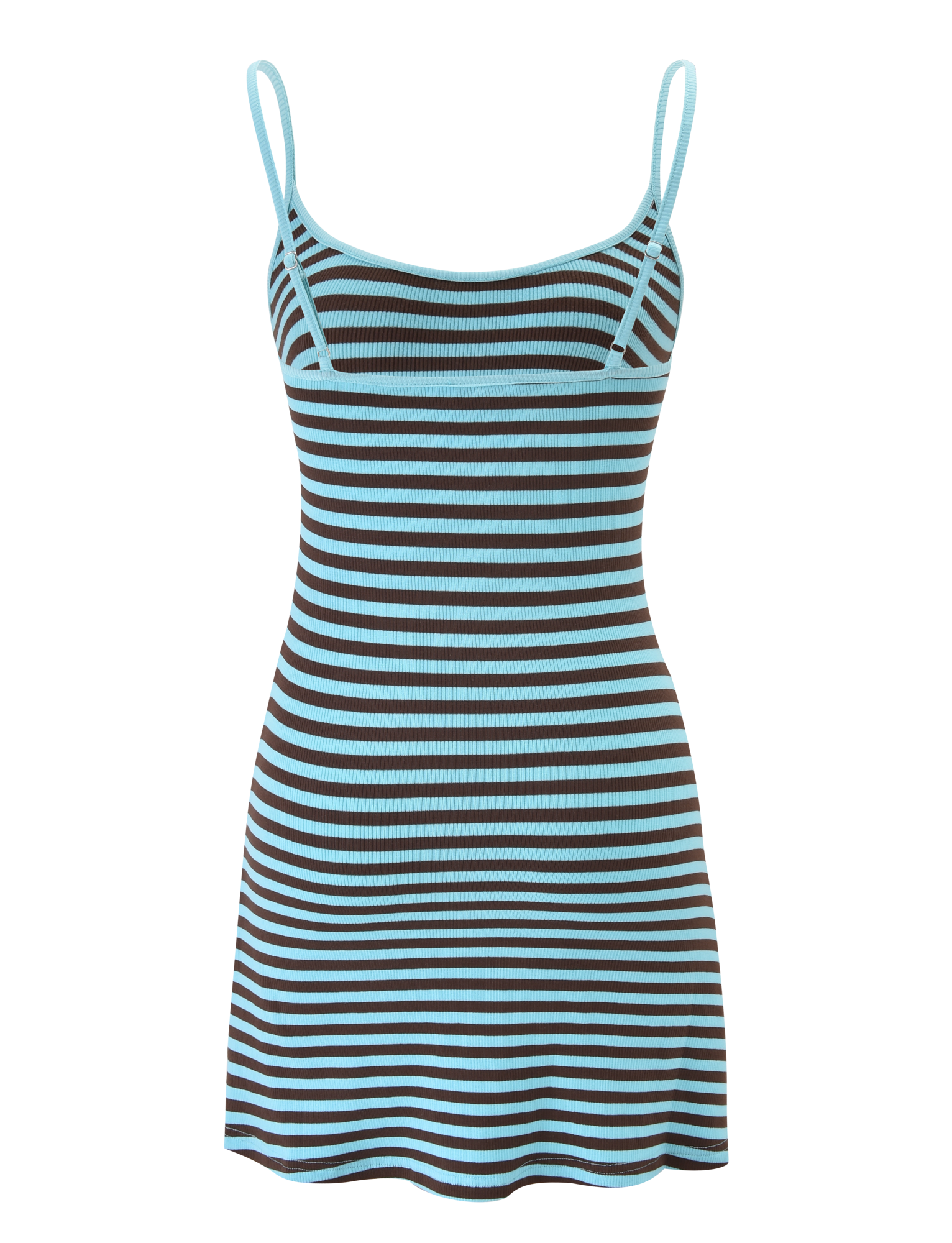 The TIGERMIST CELESTE MINI DRESS - BLUE STRIPE is a sleeveless, form-fitting ribbed mini dress with adjustable shoulder straps, a belt, and horizontal black and light blue stripes.