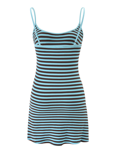 The TIGERMIST CELESTE MINI DRESS - BLUE STRIPE is a sleeveless, form-fitting ribbed mini dress with adjustable shoulder straps, a belt, and horizontal black and light blue stripes.