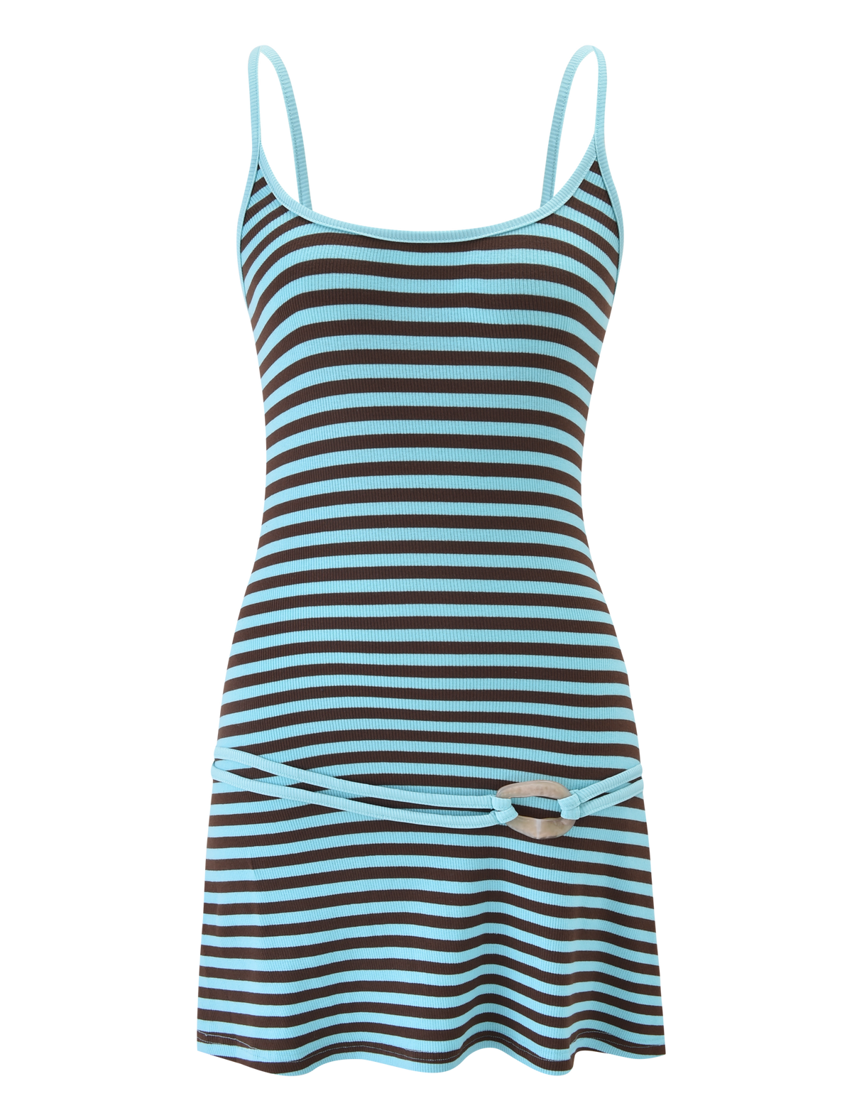 The TIGERMIST CELESTE MINI DRESS - BLUE STRIPE is a sleeveless, fitted mini dress with thin adjustable straps, horizontal black and light blue stripes, and a matching striped belt tied at the waist.