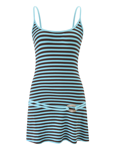 The TIGERMIST CELESTE MINI DRESS - BLUE STRIPE is a sleeveless, fitted mini dress with thin adjustable straps, horizontal black and light blue stripes, and a matching striped belt tied at the waist.