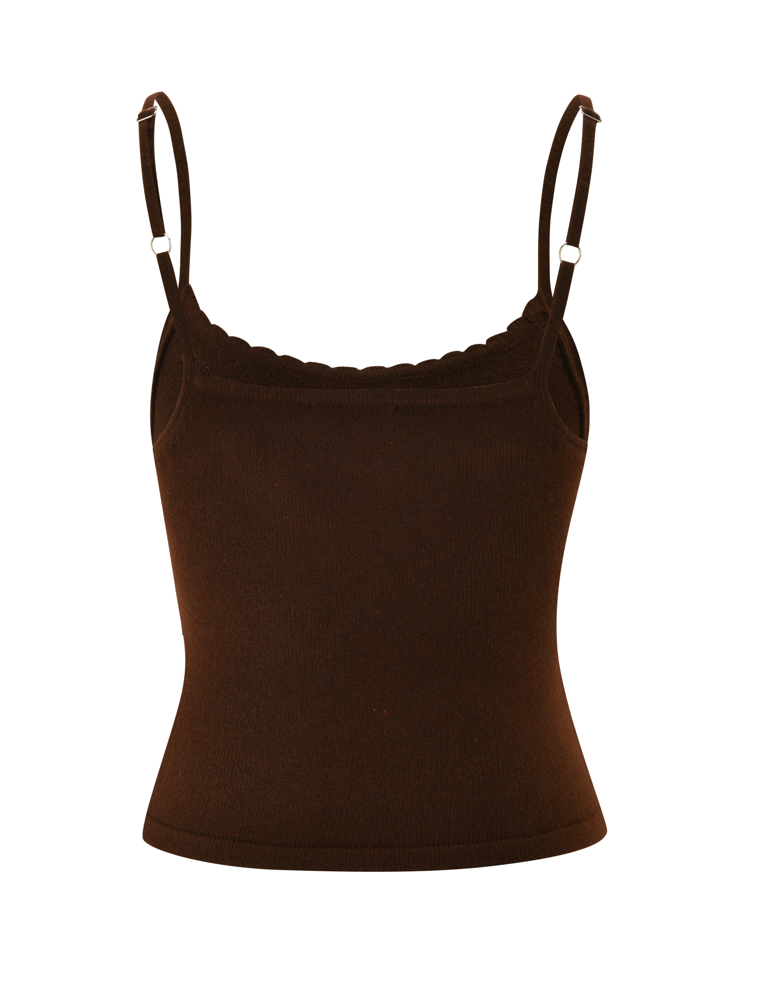 The LEORA TOP - CHOCOLATE by TIGERMIST is a chocolate brown ribbed knit cami with thin adjustable straps and a scalloped neckline, shown against a plain white background.