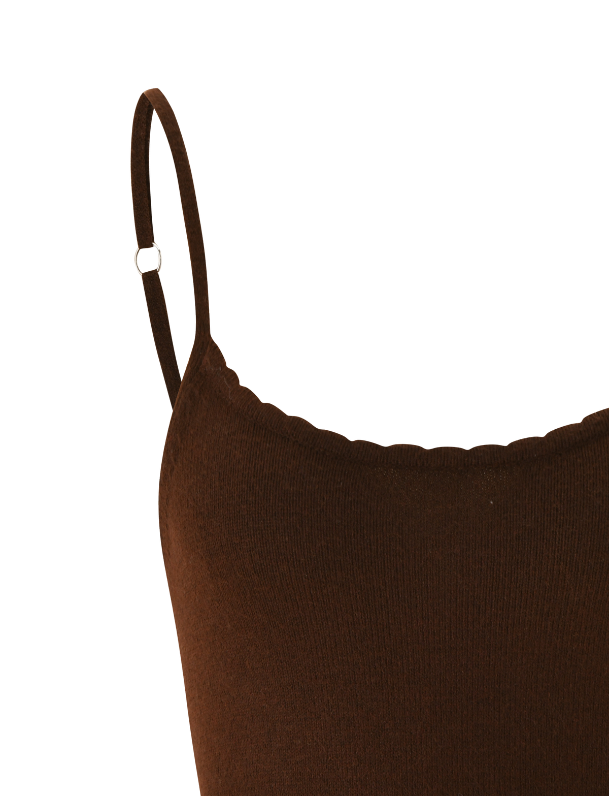 Close-up of the TIGERMIST LEORA TOP in chocolate brown, featuring thin adjustable straps and a scalloped neckline, shown against a plain white background.