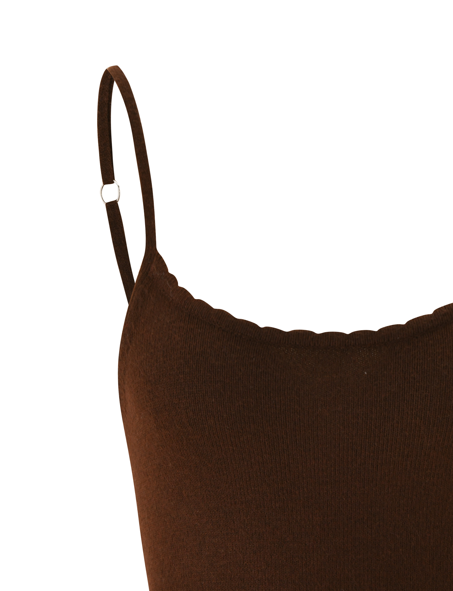 Close-up of the TIGERMIST LEORA TOP in chocolate brown, featuring thin adjustable straps and a scalloped neckline, shown against a plain white background.
