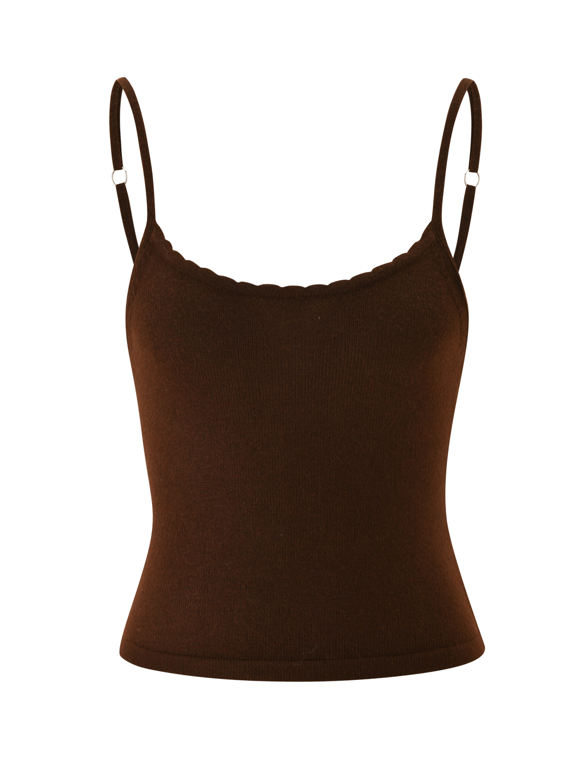 The TIGERMIST LEORA TOP - CHOCOLATE is a fitted brown knit cami featuring adjustable straps and a subtle scalloped neckline, shown against a plain white background.