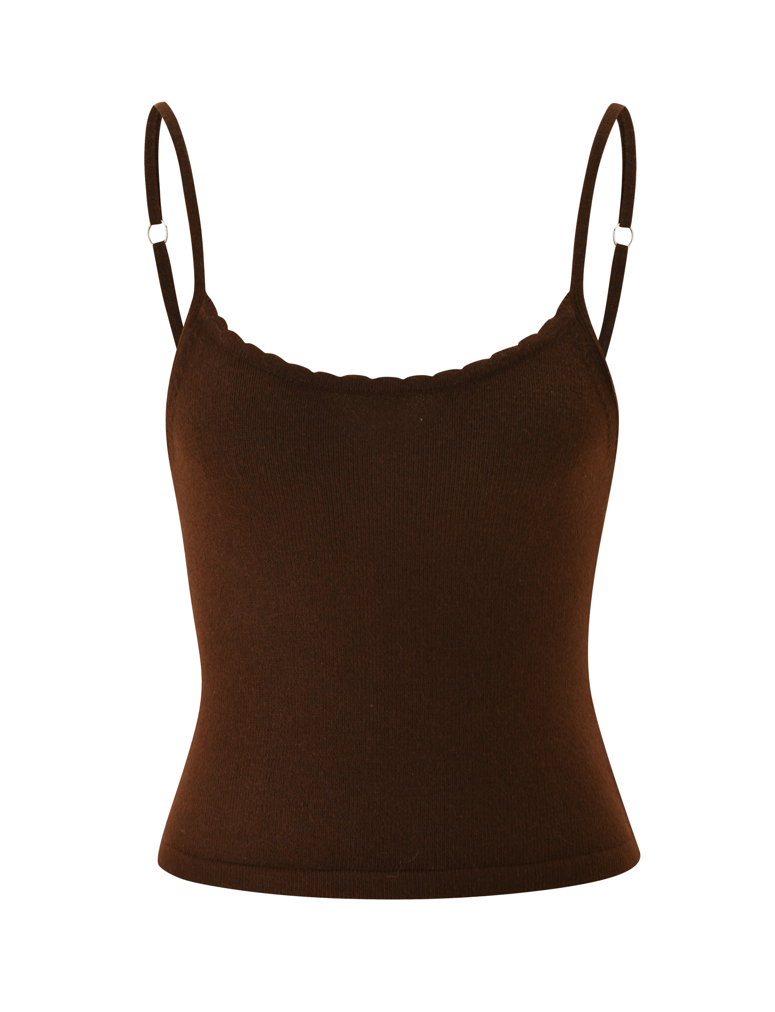 The TIGERMIST LEORA TOP - CHOCOLATE is a fitted brown knit cami featuring adjustable straps and a subtle scalloped neckline, shown against a plain white background.