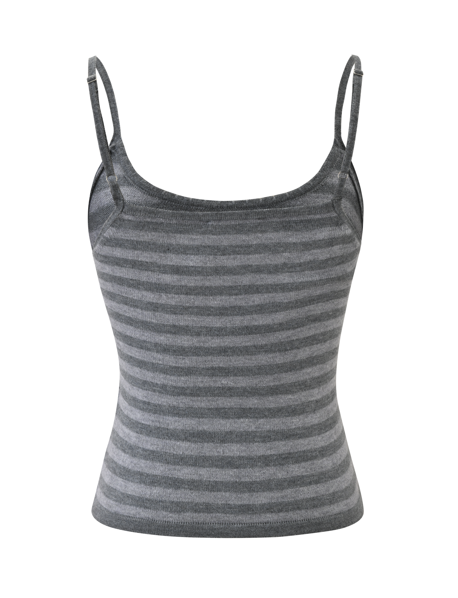 The LEORA TOP - GREY STRIPE by TIGERMIST is a sleeveless fitted knit tank with thin adjustable straps and horizontal grey stripes, made from soft, stretchy fabric for all-day comfort.