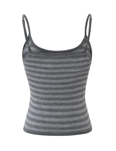 The LEORA TOP - GREY STRIPE by TIGERMIST is a sleeveless fitted knit tank with thin adjustable straps and horizontal grey stripes, made from soft, stretchy fabric for all-day comfort.