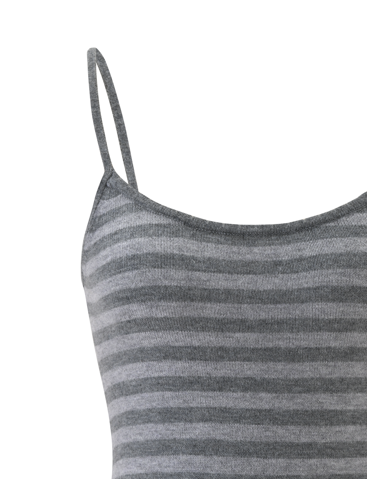 Close-up of the TIGERMIST LEORA TOP - GREY STRIPE, a sleeveless knit tank with horizontal light and dark grey stripes and thin adjustable straps, shown against a plain white background.