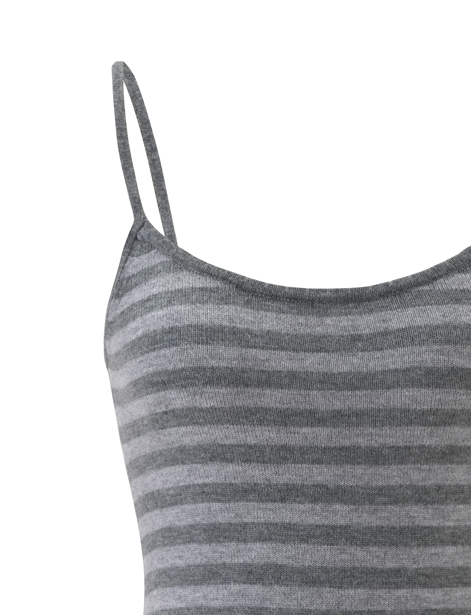 Close-up of the TIGERMIST LEORA TOP - GREY STRIPE, a sleeveless knit tank with horizontal light and dark grey stripes and thin adjustable straps, shown against a plain white background.