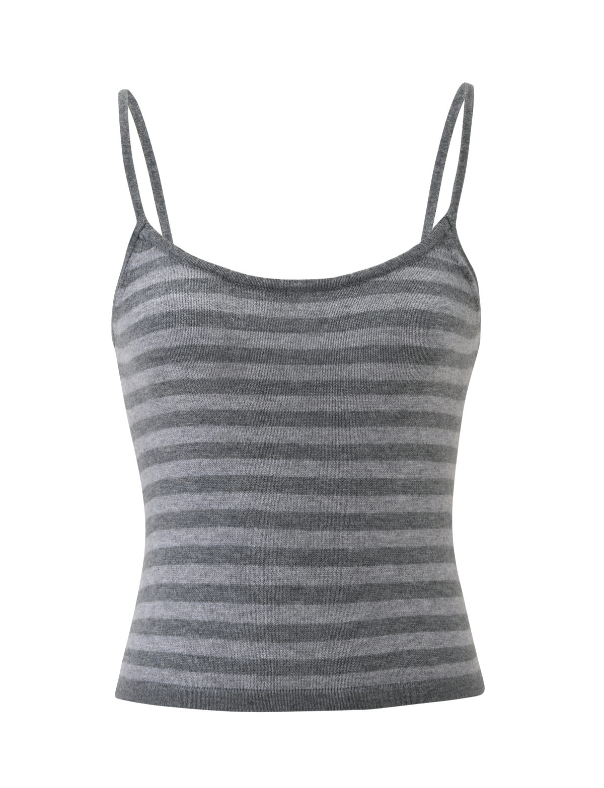 The LEORA TOP - GREY STRIPE by TIGERMIST features gray and light gray horizontal stripes, thin adjustable straps, and a knit design—ideal for layering or wearing on its own. Displayed on a plain white background.