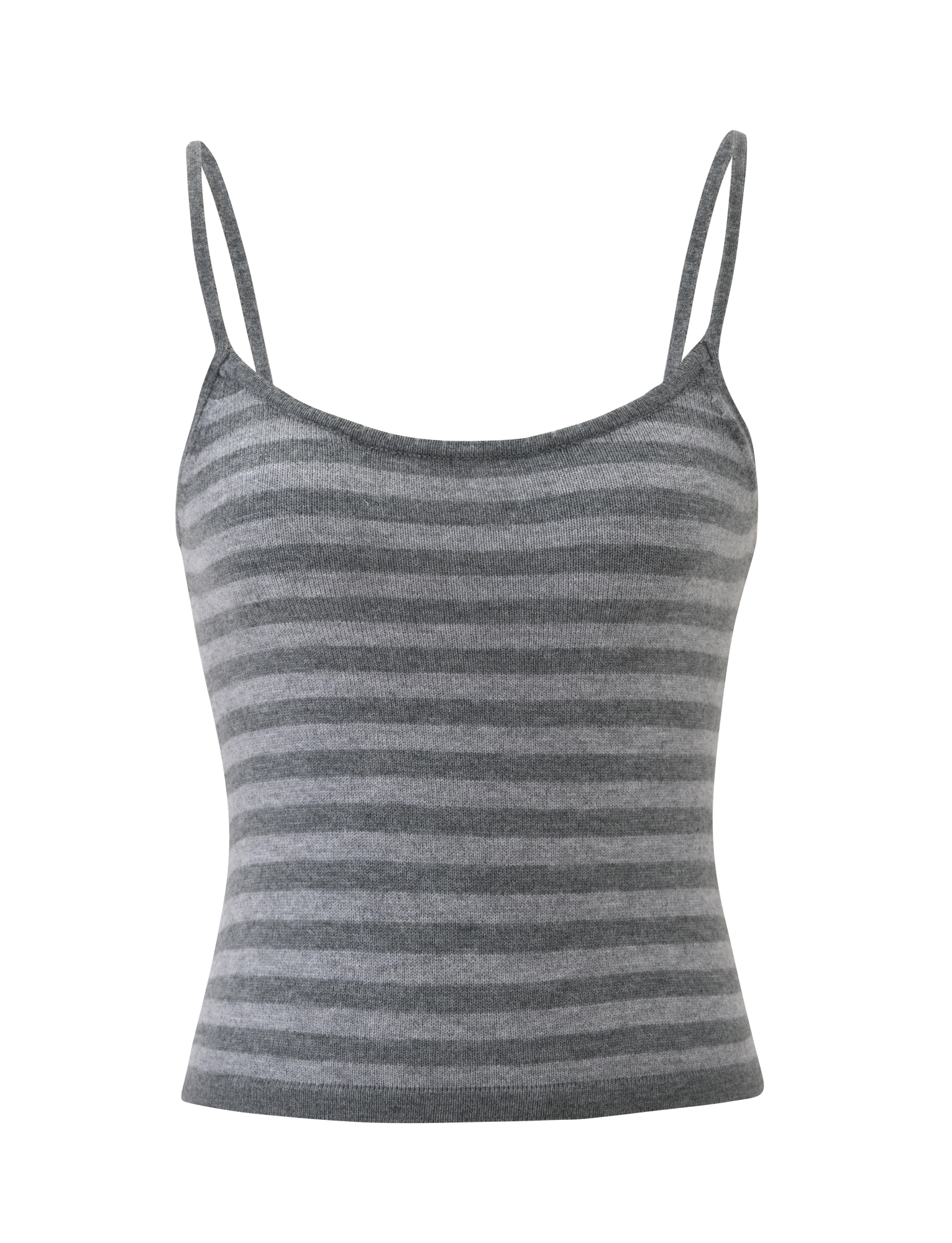 The LEORA TOP - GREY STRIPE by TIGERMIST features gray and light gray horizontal stripes, thin adjustable straps, and a knit design—ideal for layering or wearing on its own. Displayed on a plain white background.