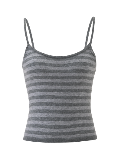 The LEORA TOP - GREY STRIPE by TIGERMIST features gray and light gray horizontal stripes, thin adjustable straps, and a knit design—ideal for layering or wearing on its own. Displayed on a plain white background.