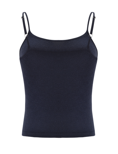 The LEORA TOP - NAVY by TIGERMIST is a fitted navy knit tank with adjustable straps and a seamless design, shown on a plain white background.