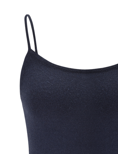 Close-up of the TIGERMIST LEORA TOP in navy, featuring thin adjustable straps and a ribbed knit texture, shown against a plain white background.