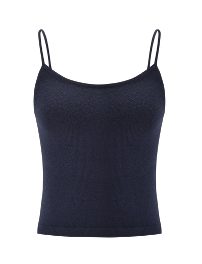 The LEORA TOP - NAVY by TIGERMIST is a fitted dark navy knit camisole featuring a scalloped neckline and thin adjustable straps, shown against a white background.