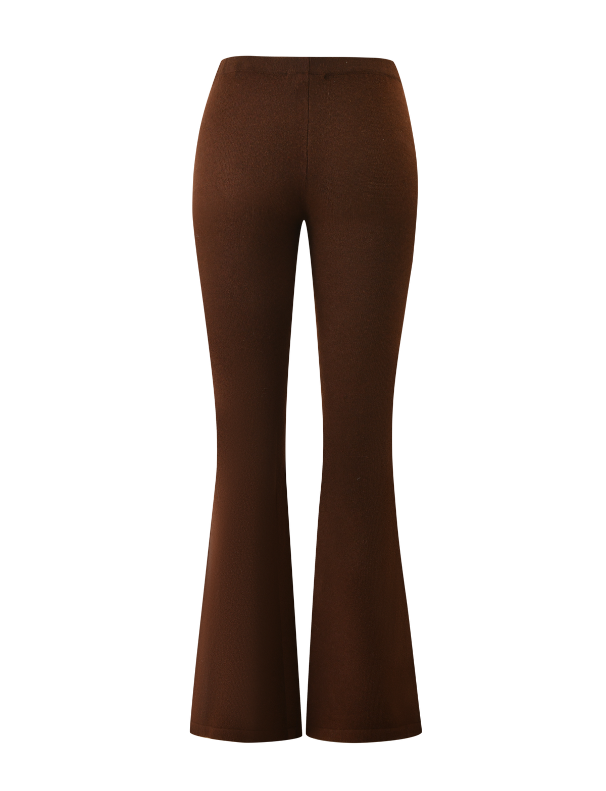 The LEORA PANT - CHOCOLATE by TIGERMIST is a pair of chocolate brown knit, high-waisted flared pants with a drawstring waist, shown from the back against a white background.