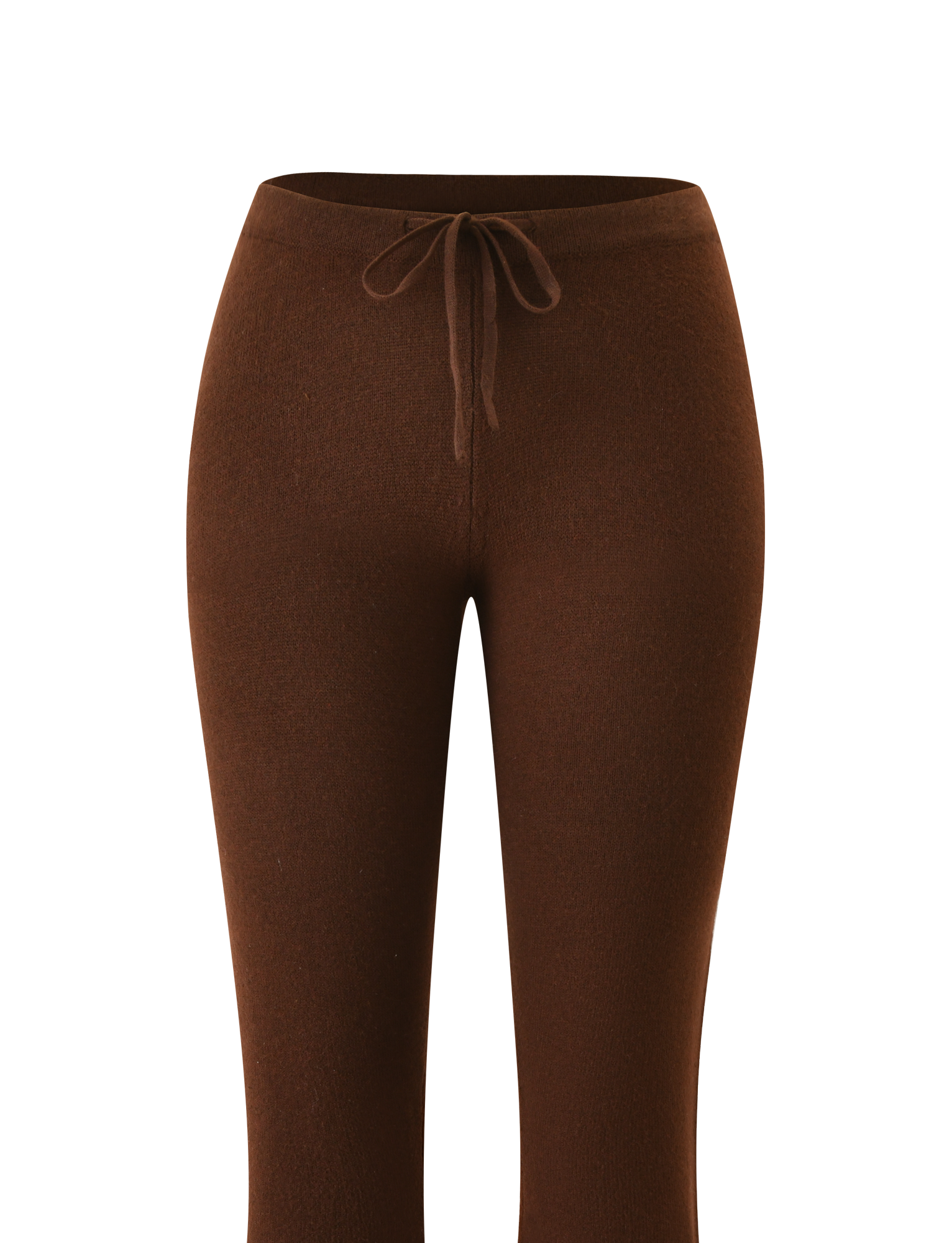 The TIGERMIST LEORA PANT - CHOCOLATE is a high-waisted, chocolate brown knit flared pant featuring a fitted silhouette and adjustable drawstring waist, shown on a white background.