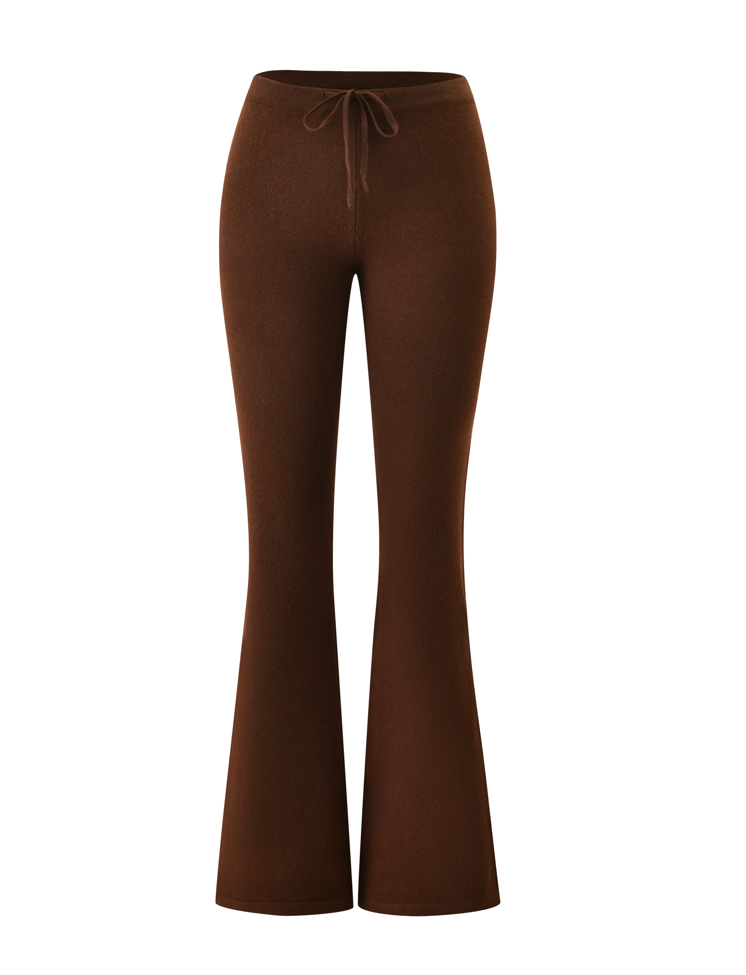 The LEORA PANT - CHOCOLATE by TIGERMIST is a chocolate brown knit pant with a drawstring waist and flared legs, shown against a plain white background.