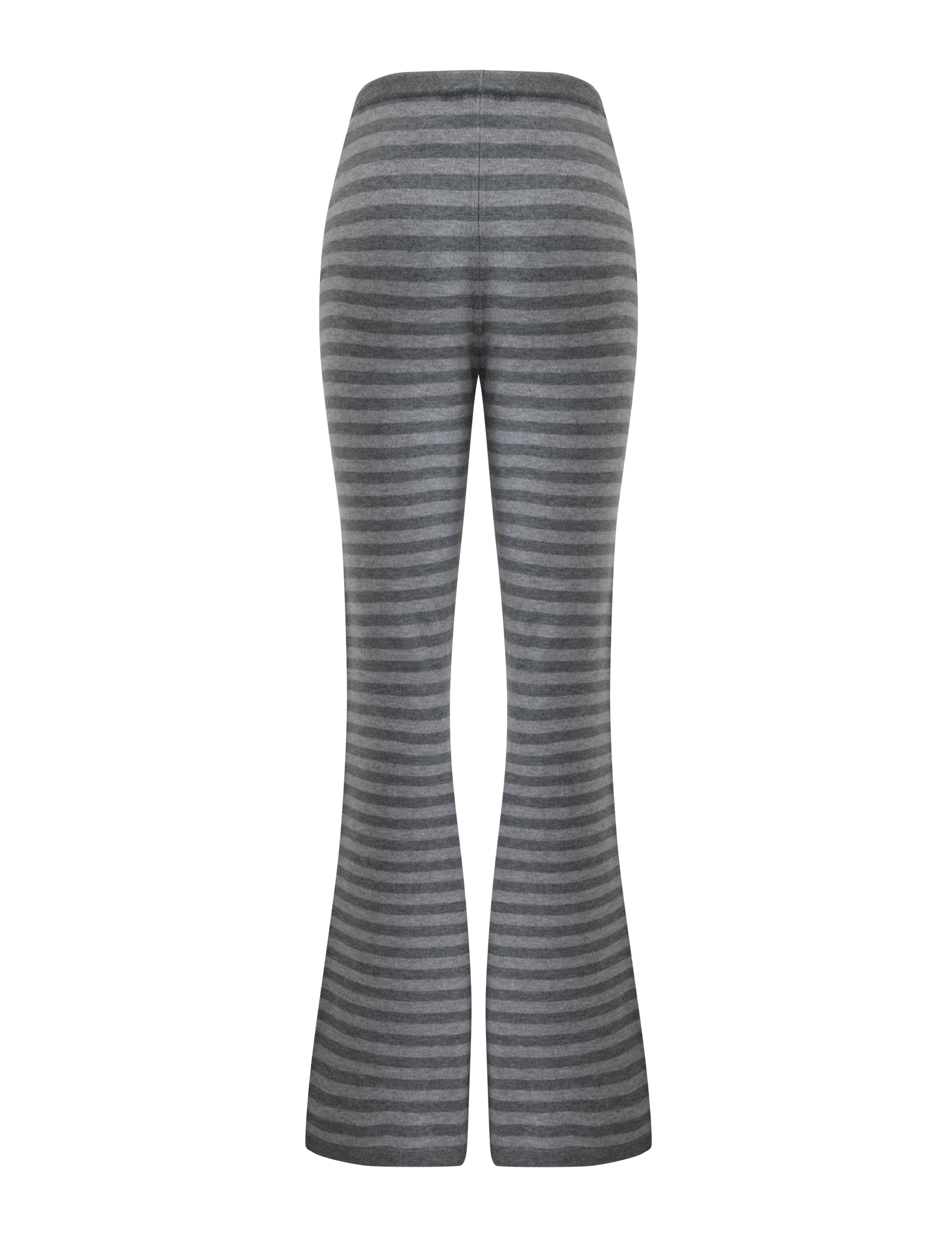 The TIGERMIST LEORA PANT - GREY STRIPE features gray and dark gray horizontal stripes, a flared leg, and a comfy drawstring waist. Shown from the back on a white background, these knit pants are perfect for any casual look.