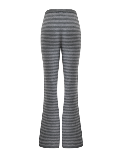 The TIGERMIST LEORA PANT - GREY STRIPE features gray and dark gray horizontal stripes, a flared leg, and a comfy drawstring waist. Shown from the back on a white background, these knit pants are perfect for any casual look.