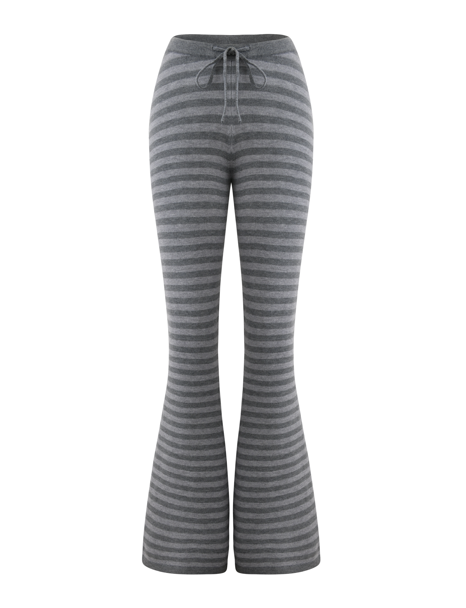 The CL - LEORA PANT by Tiger Mist features gray and dark gray horizontal stripes, a flared design, and a drawstring waist, shown on a white background.