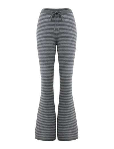 The CL - LEORA PANT by Tiger Mist features gray and dark gray horizontal stripes, a flared design, and a drawstring waist, shown on a white background.