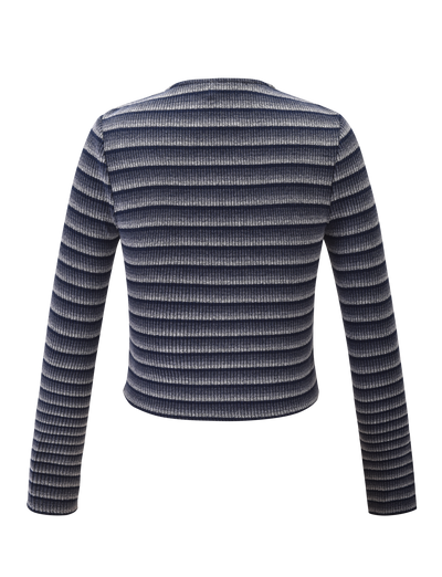 Back view of the TIGERMIST TIMARA CARDIGAN - NAVY STRIP, a ribbed knit long-sleeve cardigan with horizontal navy and white stripes and subtle mini buttons, displayed on a plain white background.