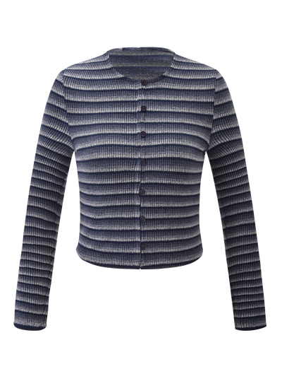 The TIMARA CARDIGAN - NAVY STRIP by TIGERMIST is a long-sleeve cardigan with horizontal white stripes, crafted from ribbed space dyed yarn, featuring a crew neckline and mini button-down front.