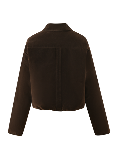 Back view of the TIGERMIST CAMELLIA BOMBER JACKET in chocolate suede, featuring a vintage wash, cropped fit, long sleeves, straight hem, and a vertical center seam.