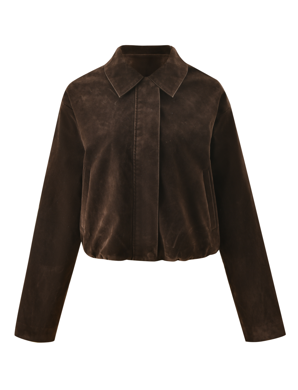 The TIGERMIST CAMELLIA BOMBER JACKET in chocolate suede features long sleeves, a pointed collar, a hidden front closure, and a slightly gathered hem for a vintage-inspired look.