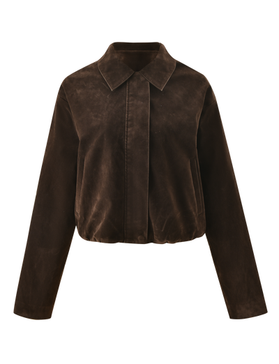 The TIGERMIST CAMELLIA BOMBER JACKET in chocolate suede features long sleeves, a pointed collar, a hidden front closure, and a slightly gathered hem for a vintage-inspired look.