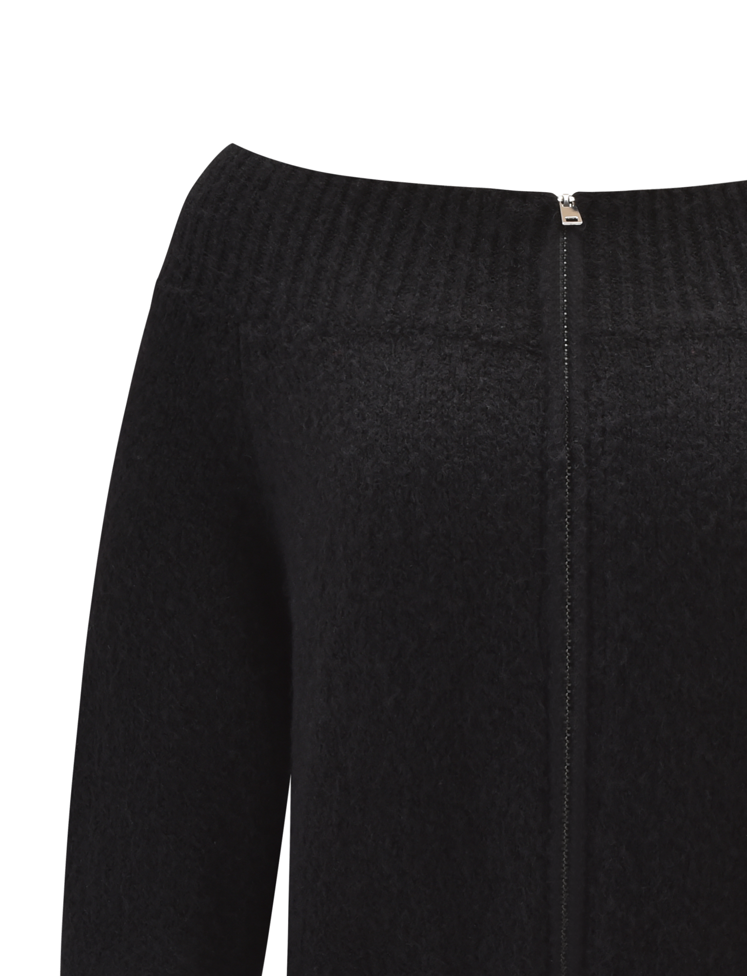 The LUNETTE JUMPER by TIGERMIST features a black off-the-shoulder merino wool knit, with ribbed neckline detailing and a visible front zipper.