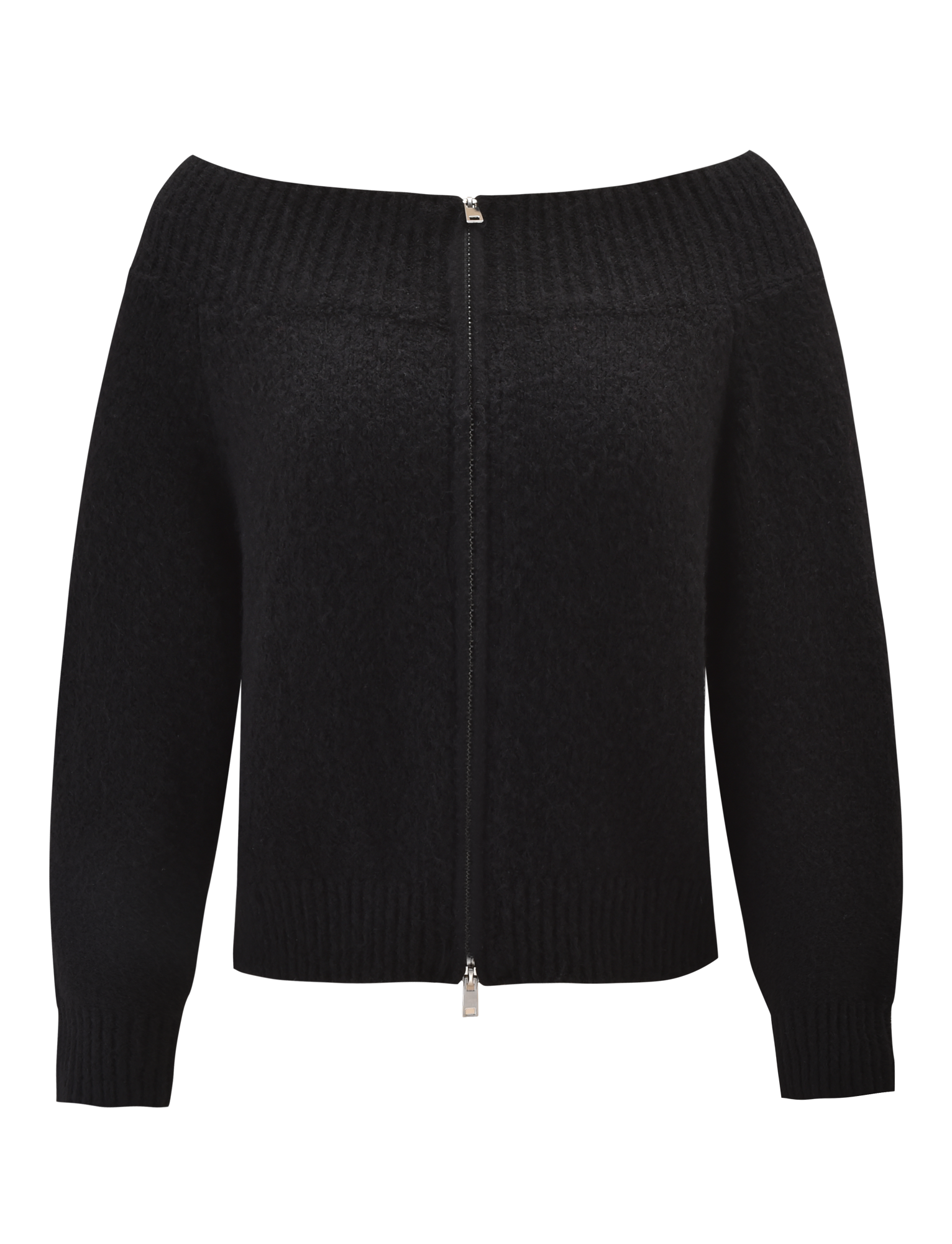 The TIGERMIST LUNETTE JUMPER - BLACK is a cozy, off-the-shoulder knit sweater with long sleeves, a vertical silver front zipper, and ribbed cuffs, hem, and neckline for comfort and style.