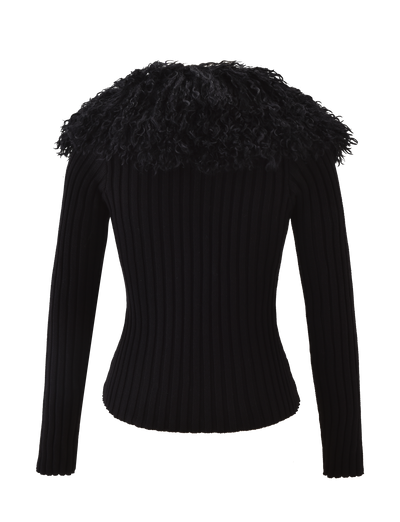 The BRISA JUMPER by TIGERMIST is a black, long-sleeve ribbed cardigan with a faux fur collar. Shown from the back on a plain white background, this fitted sweater adds texture and style to any outfit.
