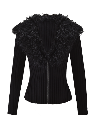 The TIGERMIST BRISA JUMPER in black features ribbed long sleeves, a silver zipper, and a large fluffy faux fur collar, shown on a plain white background.