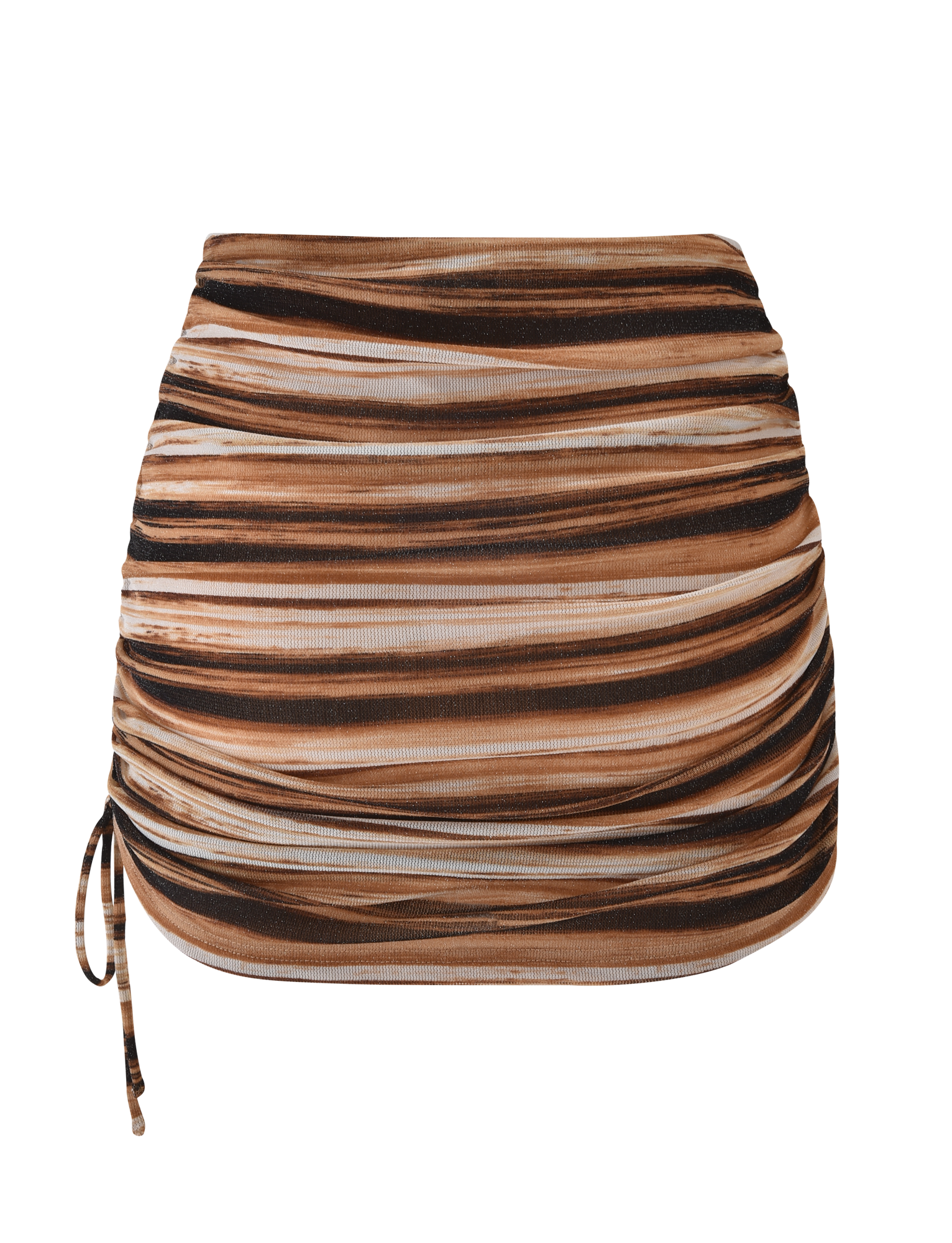 The TIGERMIST BRAELYN MINI SKIRT - BROWN STRIPE is a mini skirt with horizontal brown, black, and beige stripes, featuring a ruched design and sparkly drawstring detail on the left side for added flair.