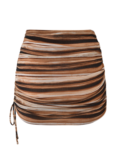 The TIGERMIST BRAELYN MINI SKIRT - BROWN STRIPE is a mini skirt with horizontal brown, black, and beige stripes, featuring a ruched design and sparkly drawstring detail on the left side for added flair.