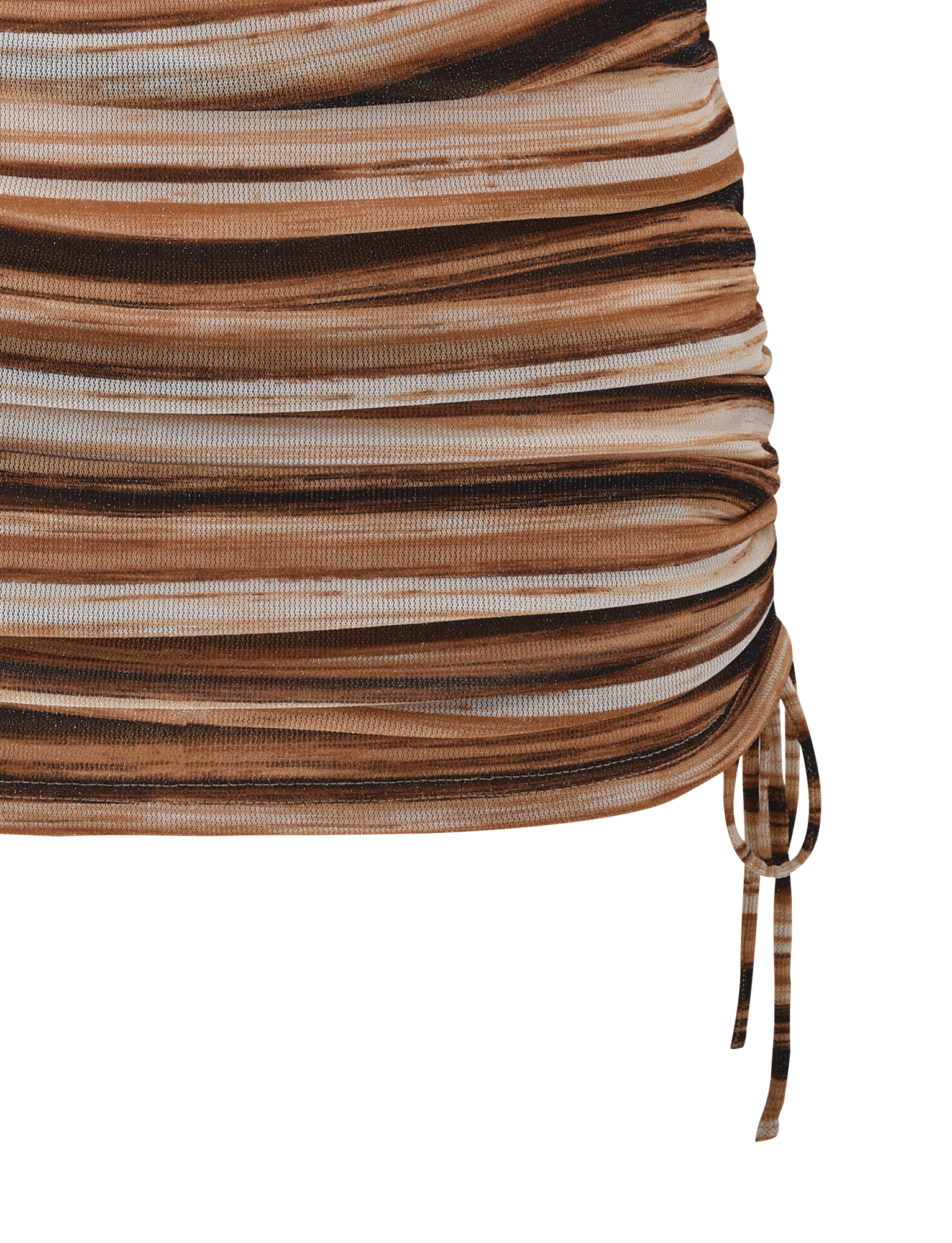 Close-up of the TIGERMIST BRAELYN MINI SKIRT - BROWN STRIPE, a ruched mini skirt with horizontal brown, beige, and black stripes and a sparkly drawstring detail at the right hem.