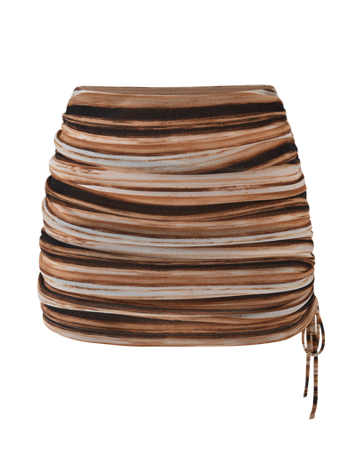 The BRAELYN MINI SKIRT by TIGERMIST features brown, beige, and black horizontal stripes with a ruched, layered texture and an adjustable side drawstring for added style.