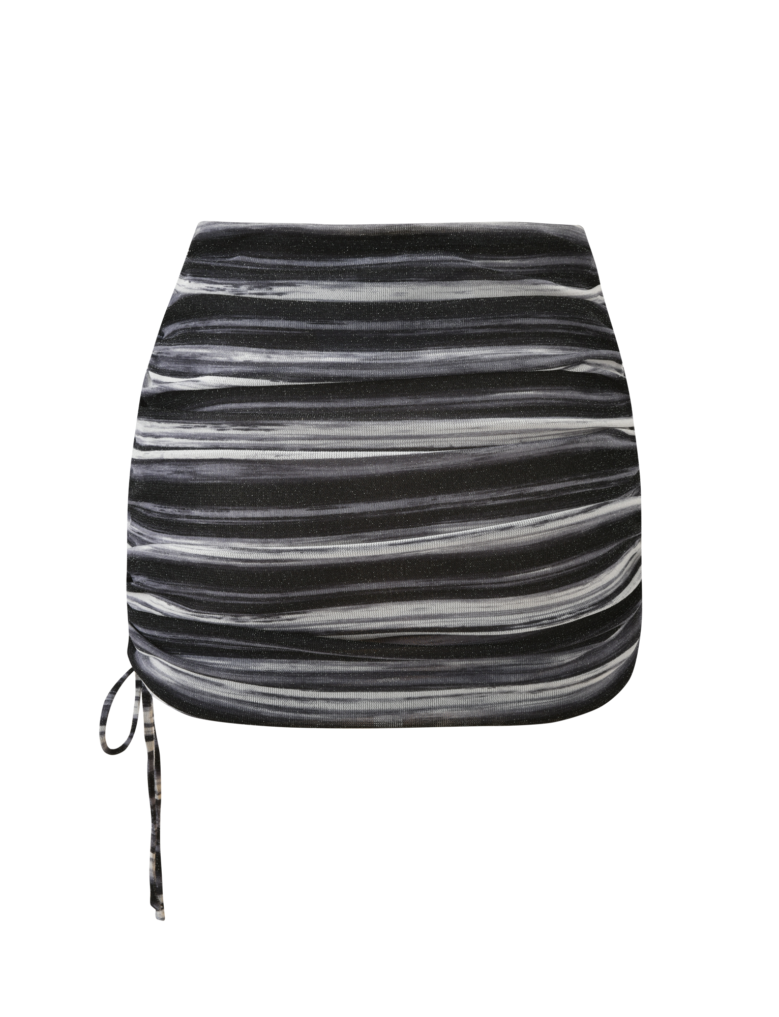 The BRAELYN MINI SKIRT by TIGERMIST features bold grey stripes, side ruching, and a left drawstring tie, shown on a plain white background.