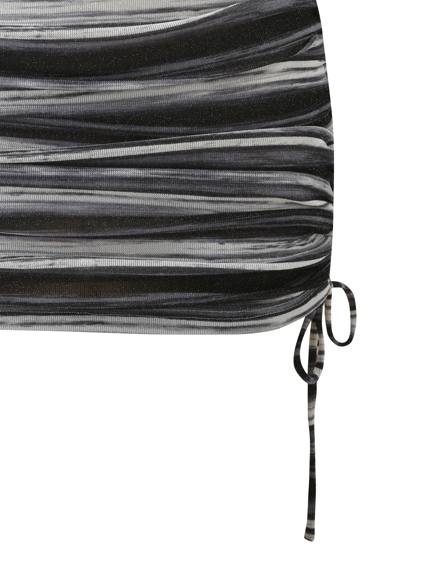 Close-up of the TIGERMIST BRAELYN MINI SKIRT - GREY STRIPE, showcasing black, gray, and white stripes, ruched fabric, and a right-side drawstring tie.