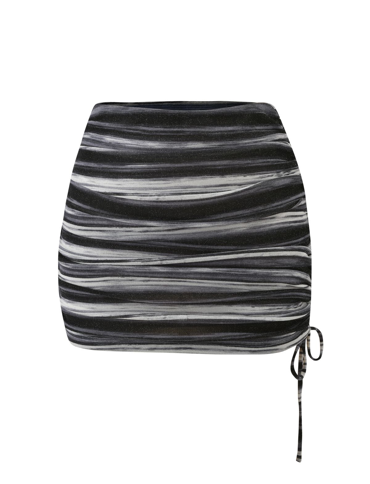The BRAELYN MINI SKIRT by TIGERMIST features grey and white horizontal stripes, a fitted silhouette, and a side drawstring on the lower right for a ruched effect, displayed against a plain white background.