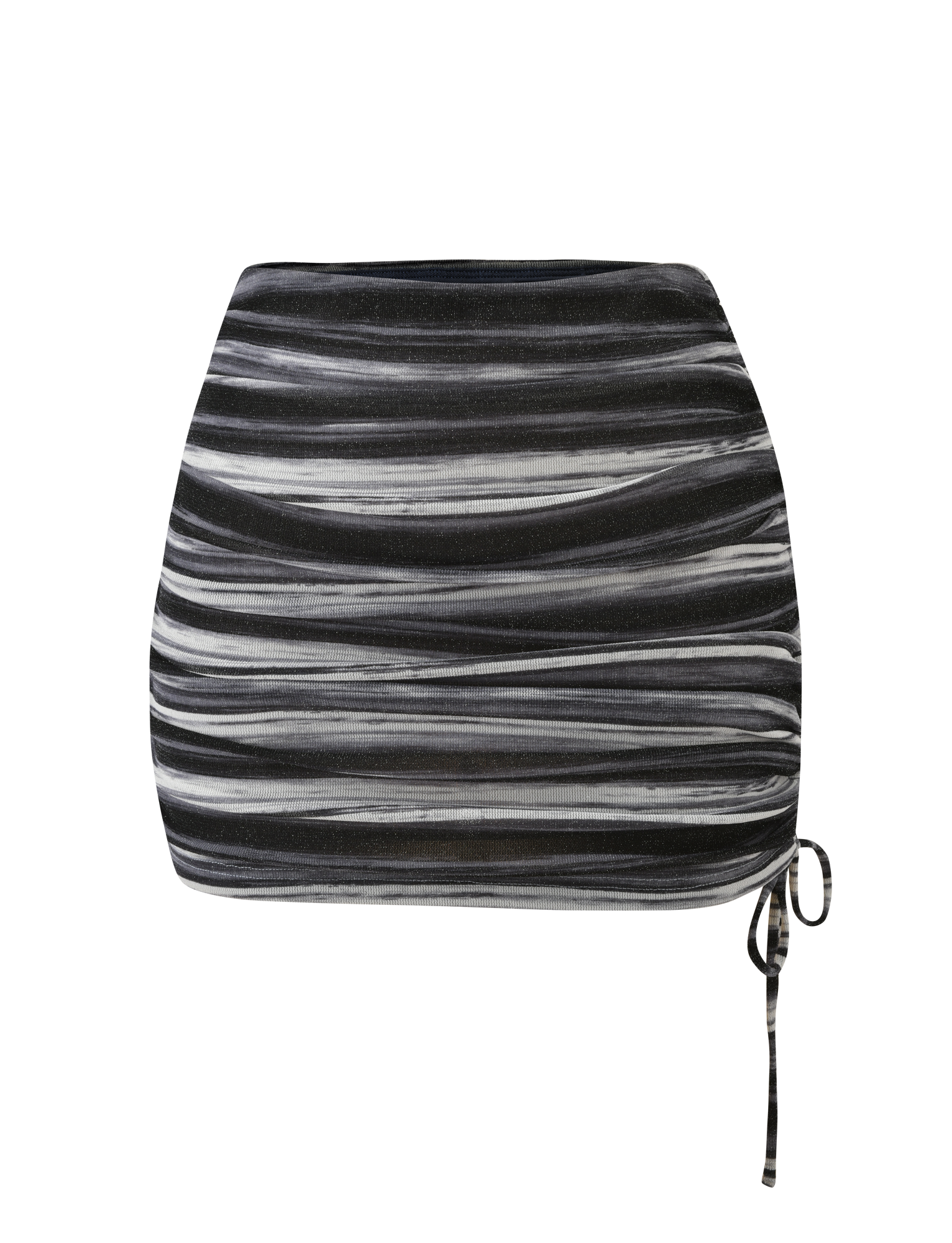 The BRAELYN MINI SKIRT by TIGERMIST features grey and white horizontal stripes, a fitted silhouette, and a side drawstring on the lower right for a ruched effect, displayed against a plain white background.